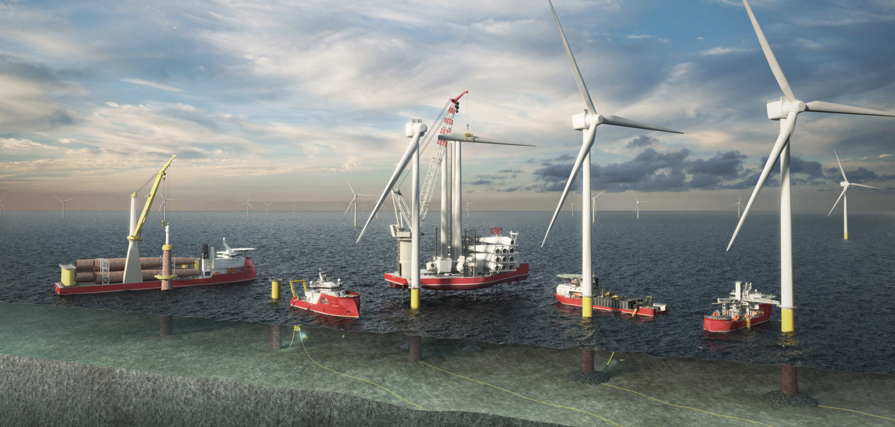 Fleet of specialized vessels installing offshore wind turbines
